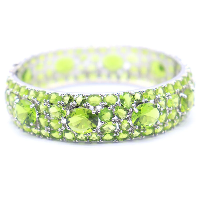 75x17mm Beautiful Tanzanite Green Tsavorite Garnet Green Peridot Woman's Wedding Silver Bangle Bracelet 7.5inch