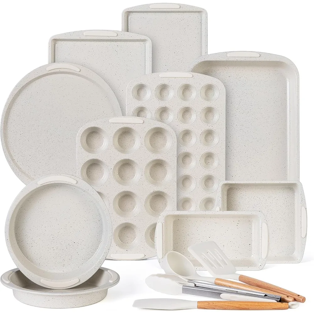 

Country Kitchen Nonstick Stackable Bakeware Set - Durable, Easy Release Baking Set, Cream, 14 Pcs