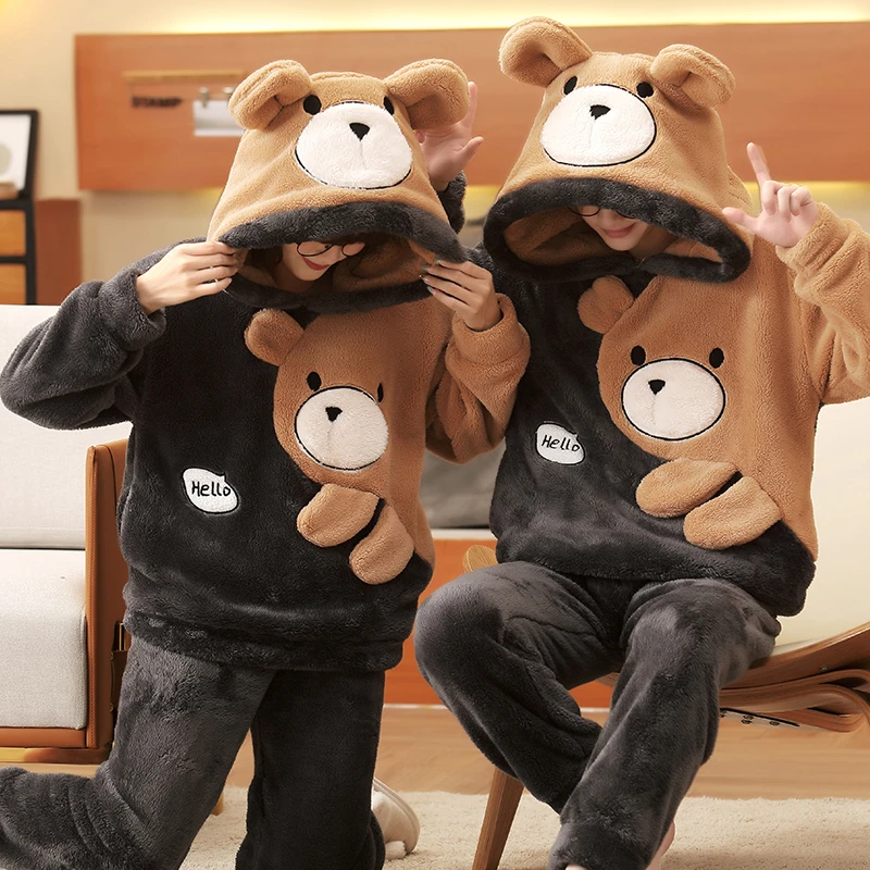 Inverno casal pijamas definir pijamas dos homens das mulheres engrossar pijama dos desenhos animados urso macio quente amantes adulto hoodies hoodies pijamas terno