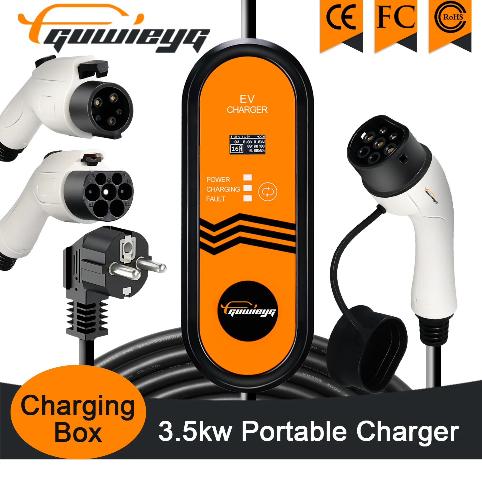 GUWIEYG 3.5KW Portable EV Charger Type2 IEC62196 EVSE Charging Cable G/BT Type1 SAE J1772 Controller Wallbox for Electric Car