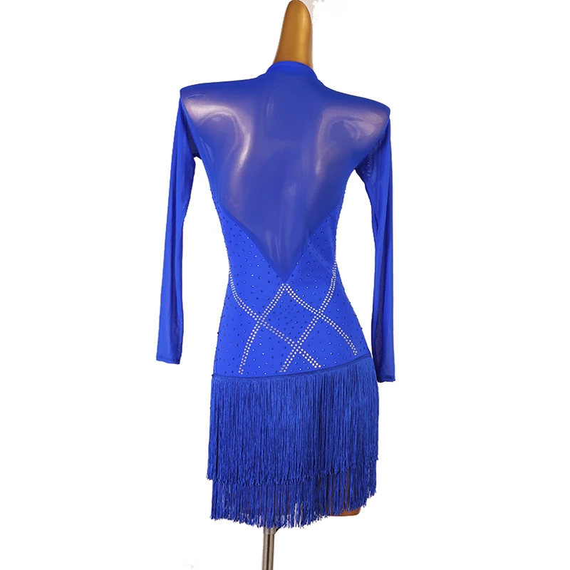 Adult Latin Competition Dance Skirt Blue Elegant Rumba Samba Tassel Dancing Dress Women Long Sleeve Standard Latin Skirt