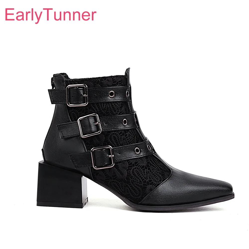 

Новые зимние женские ботильоны для взрослых, черные, коричневые, модные женские туфли на высоком квадратном каблуке с пряжкой, большие размеры 12, 43 45, 48