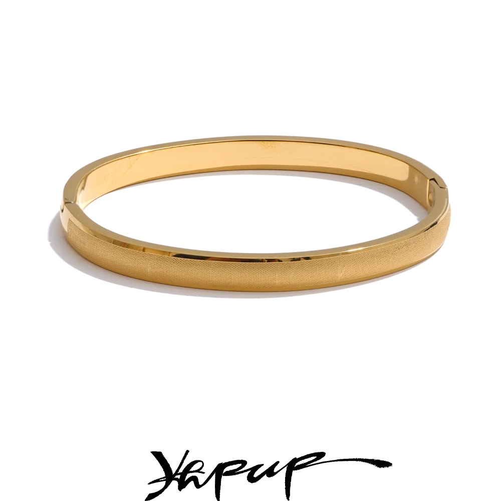 Yhpup 60mm Real Gold PVD Plated Stainless Steel Round Bracelet Bangle Tarnish Resistant Texture Personalized Wrist Jewelry New