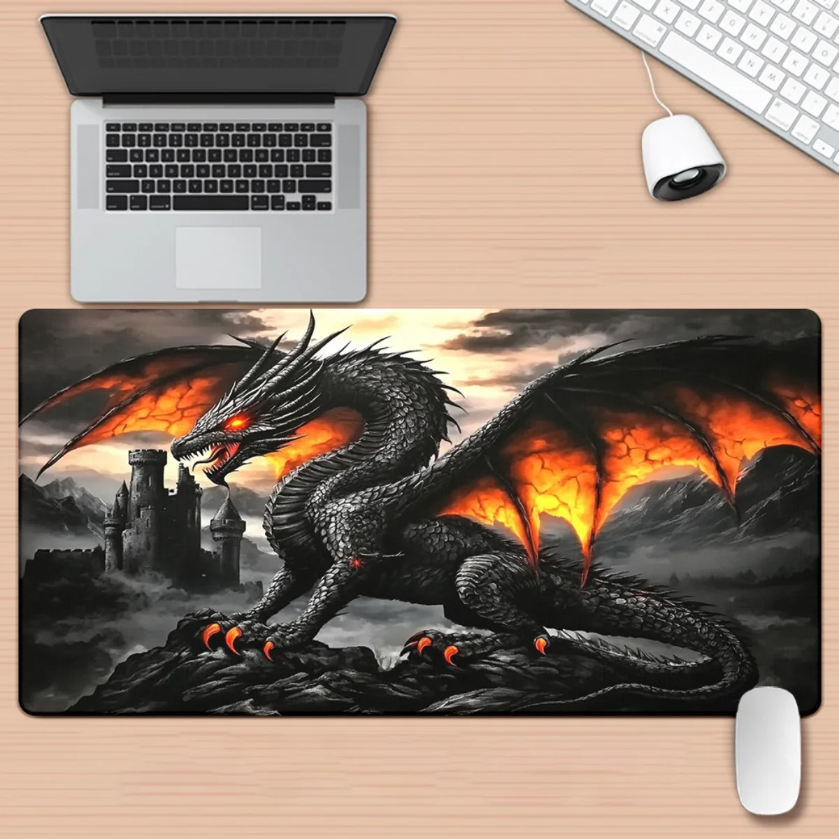 Black Fire Dragon Castle Gaming Mouse Pad Large Rubber Anti-Slip Desk Mat Office PC Gamer