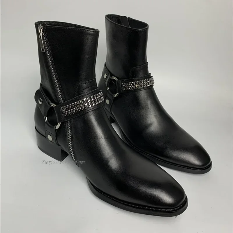 

Chain Decor Black Matte Leather Men Boots Fashion Side Zipper Men Shoes Novel Handmade Runway Party Banquet New Men Dress Shoes