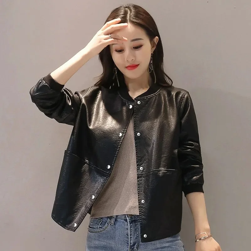 Fashion Slim Round Neck Pu Solid Color Zipper Leather Women's Spring And Autumn Korean Loose Short Coat Casual Leather Jacket