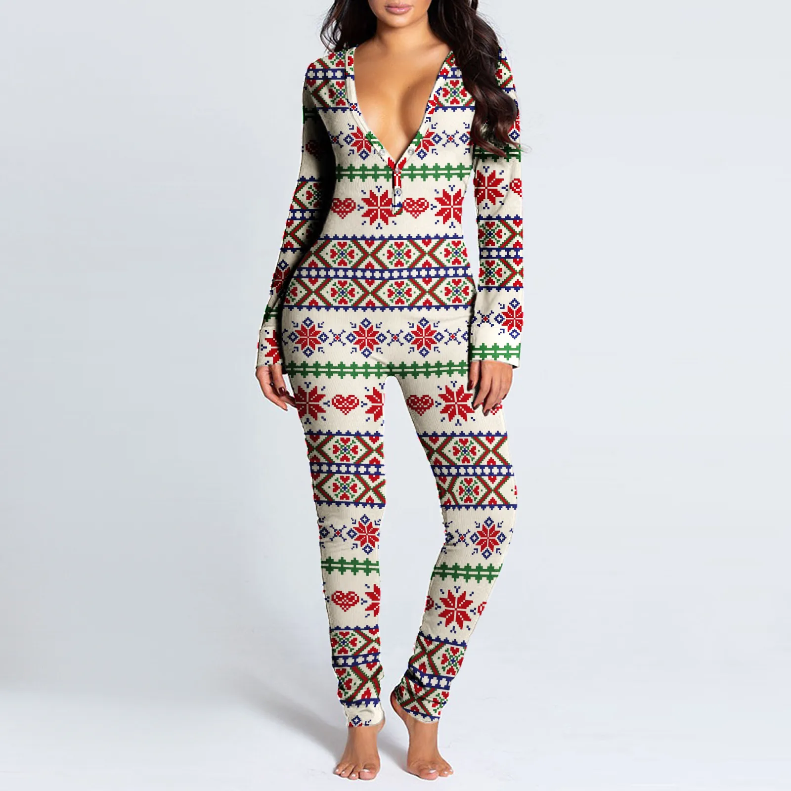 Women\'s Pajamas Christmas Printed Sexy Jumpsuit 2024 Fashion Casual Button Front Bottom Rear Hip Opening Flip Jumpsuits