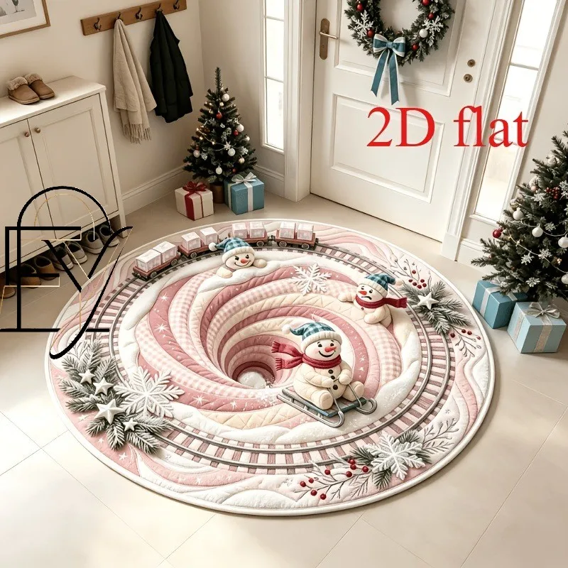 Circle Floor Blanket Traditional Snowman Family Printed Cushion Flannel Soft Warm Winter Holiday Bedside Placement