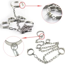 Heavy Stainless Steel Slave Lockable Handcuffs Ankle Cuffs Neck Collar Punishment Captivity BDSM Restraint Shackle Chain