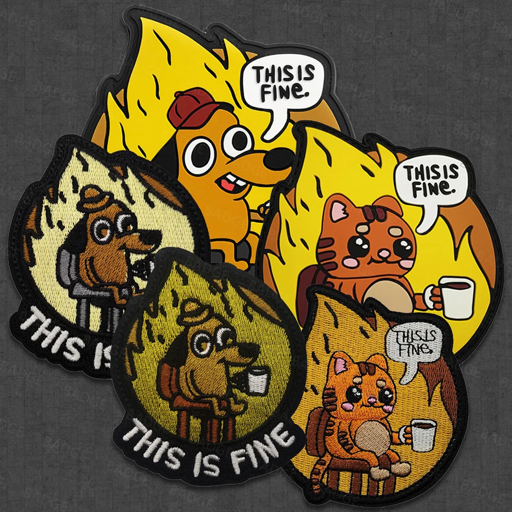 This is Fine Dog Patch, śmieszne haftowane naszywki dla kota Meme, naszywka taktyczna z podkładką z haczykiem, urocze akcesoria do aplikacji