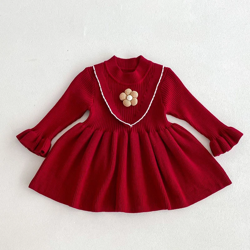 2024 New Autumn 0-4Yrs Baby Girl Party Dress Long Sleeved Knitted Kids Princess Dresses Children Knitting Clothes