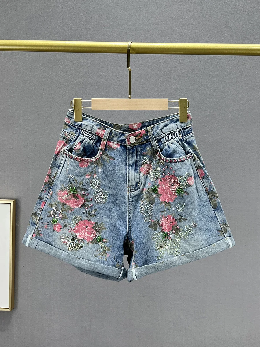 

Trendy High Waist Wide Leg Jeans orts Women's Summer Slimming Print Denim orts Versatile Iron on Rhinestone orts