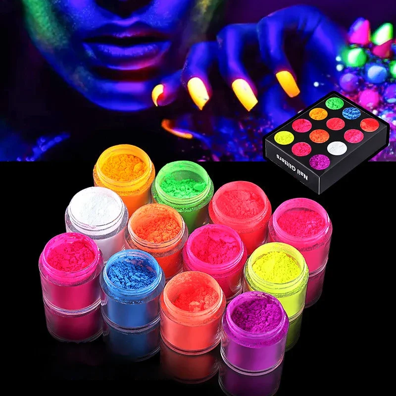 12 Color Neon Pigment Powder Fluorescent Nail Glitter Shinny Ombre Chrome Dust DIY Polish Manicure For Nails Art Decoration Kit