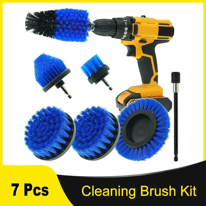 7 Pcs Cleaning Brush All Purpose Power Set with Extend Attachment for Bathroom Surfaces Grout Floor Tub Shower Tile Kitchen