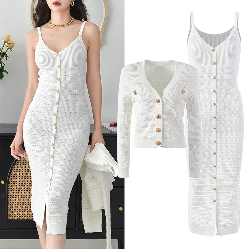 Women's casual knitted cardigan + hip strap dress set 2024 spring/fall women's new coat 2 sets