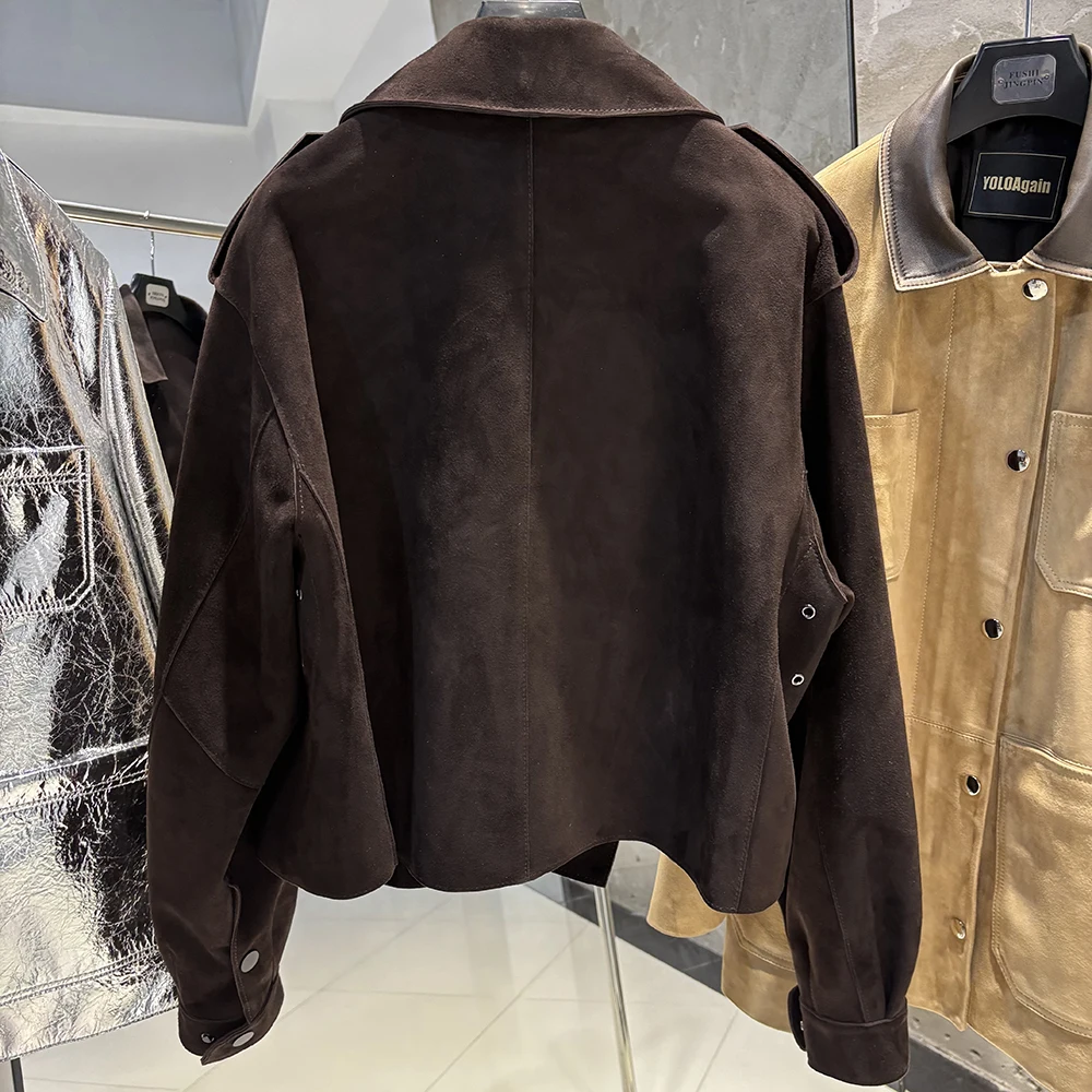 YOLOAgain 2025 Spring Dark Brown Oversized Leather Jacket Women Real Leather Jacket Female Overcoat