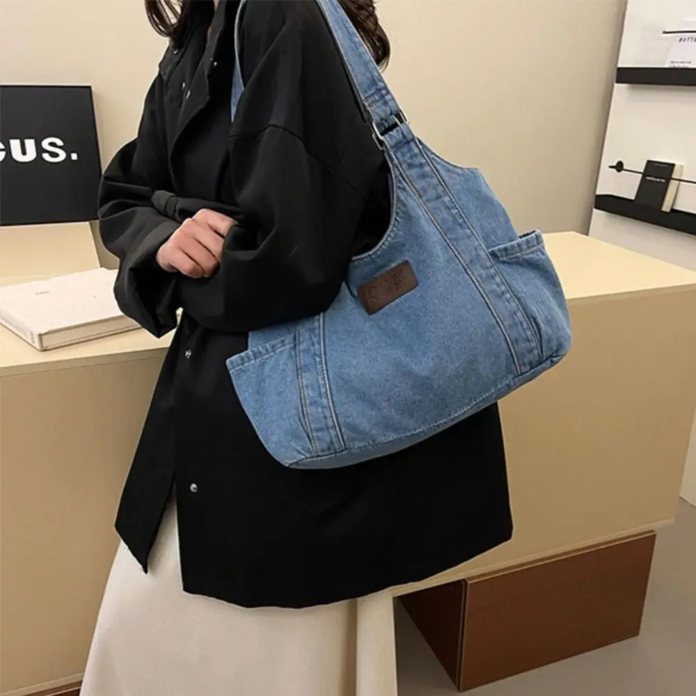 

Fashion Korean Style Denim Shoulder Bag Retro Solid Color Underarm Packs Large Capacity Simple Handbag Outdoor