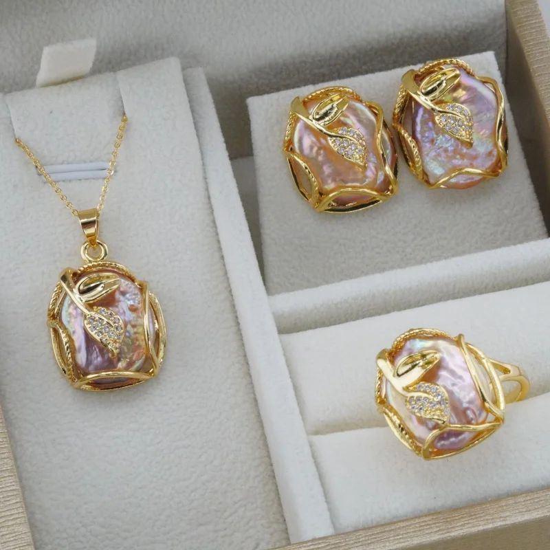 Natural Freshwater Pearl Baroque Necklace With Ring, Pendant, And Earrings Three-Piece Set