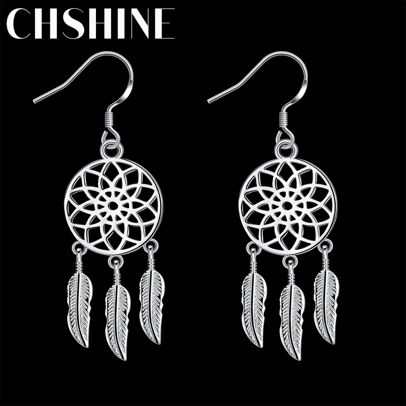 

Hot high quality 925 Sterling Silver Dream catcher feathers earrings for women fashion party wedding accessories Jewelry gifts