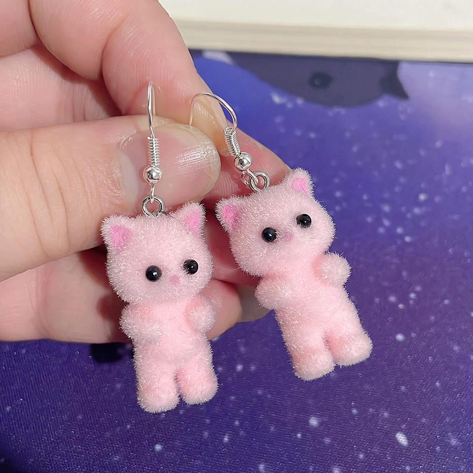 Cute 3D Resin Kitten Dangle Earrings for Women Korean Version Cartoon Flocking Animal Sweet Earrings Party Jewelry