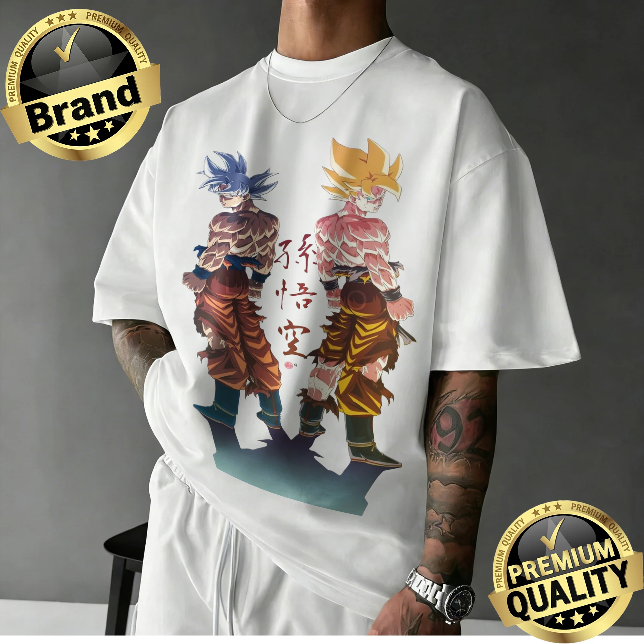 

2026 Summer Dragon Ball Retro Cotton T-Shirt Oversized Men's Goku Dual Forms Calligraphy Print Top, Unisex & Family Matching