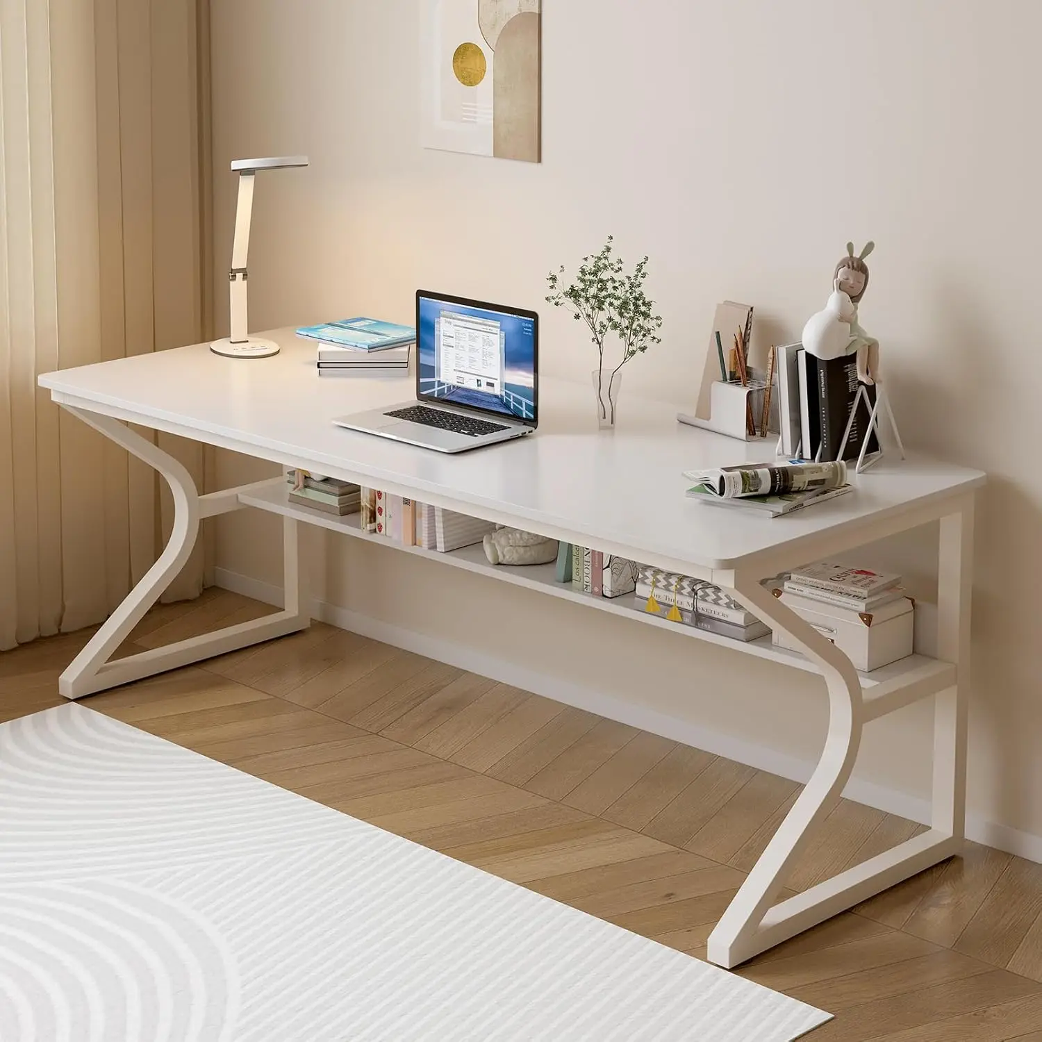 Extra Langer Schreibtisch mit Bücherregal - 160 cm Doppellanger Schreibtisch für 2-Personen-Arbeitsplatz, Moderner Studier- und Computerarbeitsplatz, Maßgefertigt