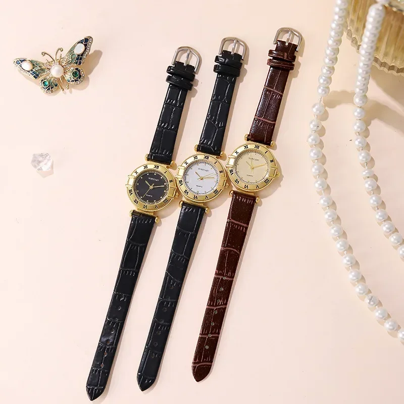 Reloj de cuarzo para mujer, relojes de lujo de alta calidad, números romanos dorados, esfera con números, relojes de pulsera de cuero Vintage para mujer