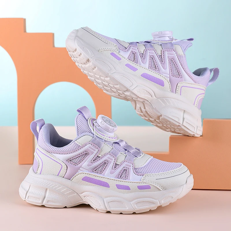A pair of girls' rotary buckle mesh dad sneakers, purple color matching, shock absorbing thick sole shoes YX-6059D