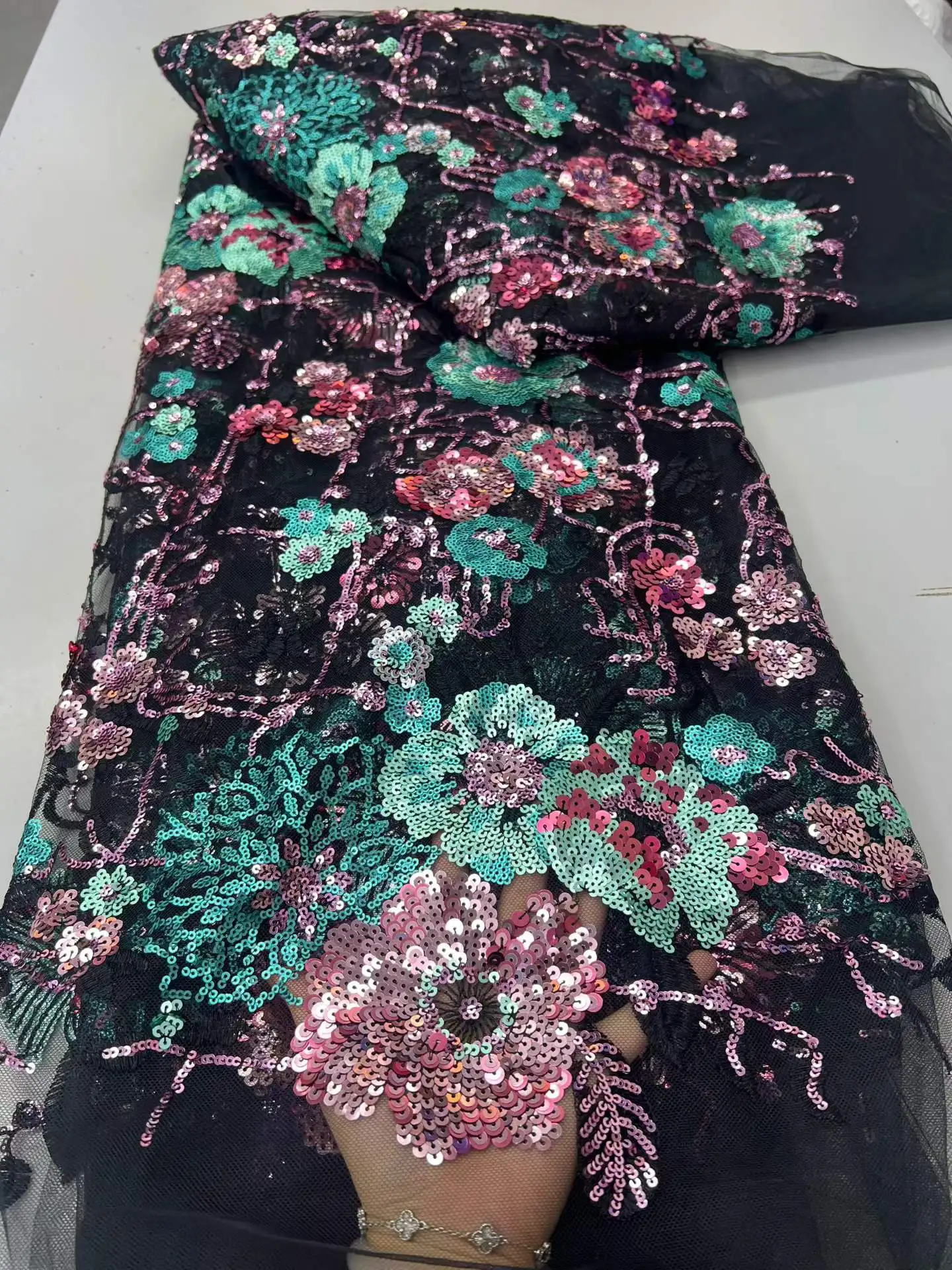 

French Sequins Lace Fabric 2026 High Quality 5 Yard Mesh Tulle African Lace Fabric Nigerian for Women Wedding Dress