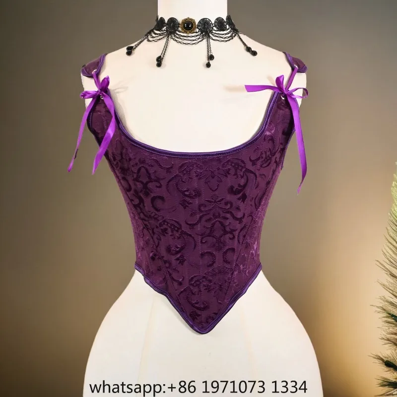 Women Purple Corset Bustier Overbust Flroal Print Vintage Bodices Lace Up Back Boned Shaping Tops Stage Costume Push Up Breast
