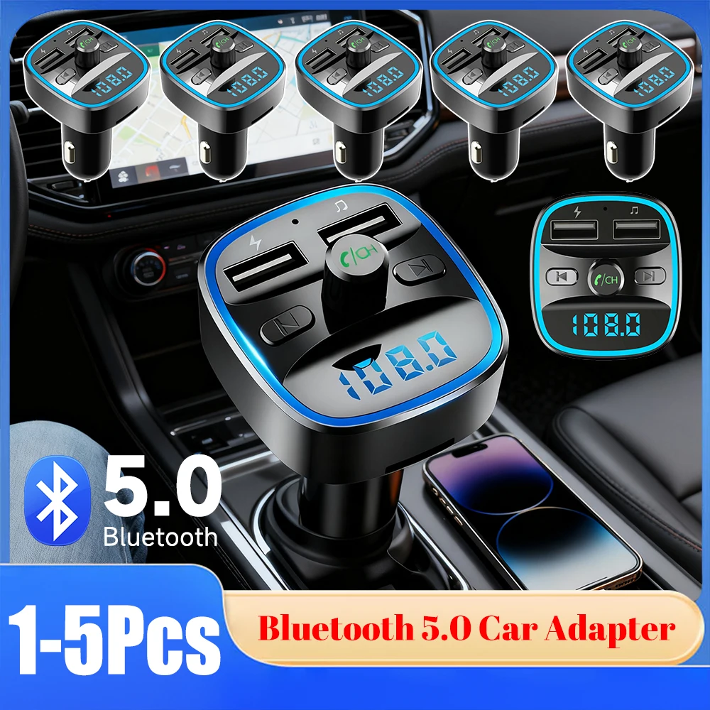 1-5PCS Bluetooth 5.0 Car Adapter Hands-free Calling USB Charger MP3 Player LED Light Fast Charging FM Transmitter Car Accessory
