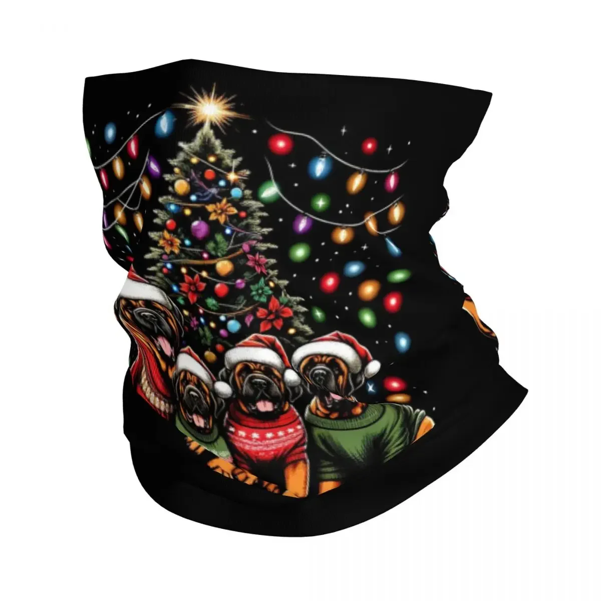 Mastiff Dog Family Light Christmas Tree Bandana Neck Cover Wrap Mask Scarf Multifunction Headwear For Men Adult Windproof