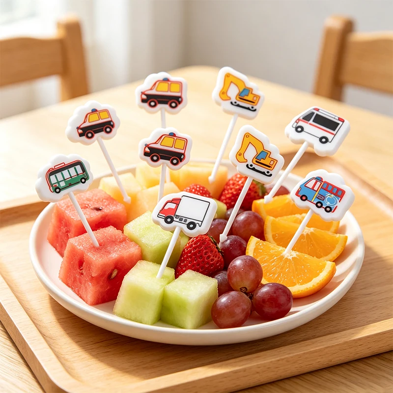 Vehicle Shaped Fruit Forks Food Grade Plastic Mini Cake Toothpick Automobile Style Forks for Toddler Lunch Box Decor Accessories