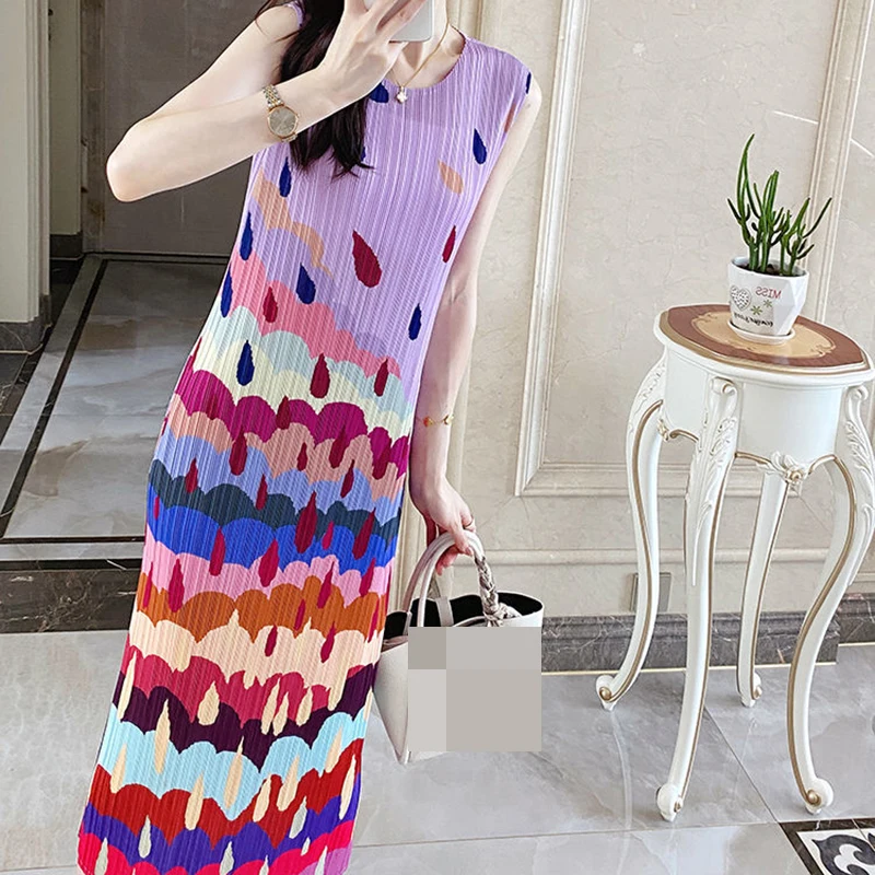 

Design a high-end dress with printed pleated vest skirt for women vestidos de mujer summer clothing for women