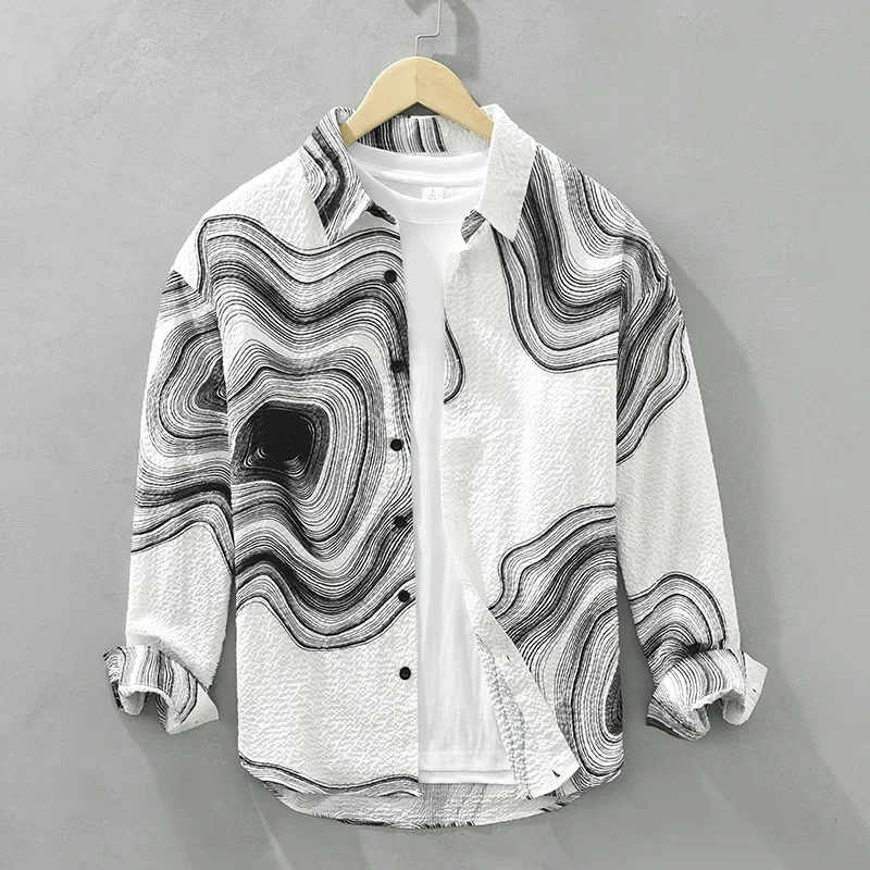 

Мужская рубашка в японском стиле с принтом, длинный рукав, весна-лето, уличная мода, молодежная свободная рубашка с отложным воротником, рубашка-«пузырь», мужская литературная одежда