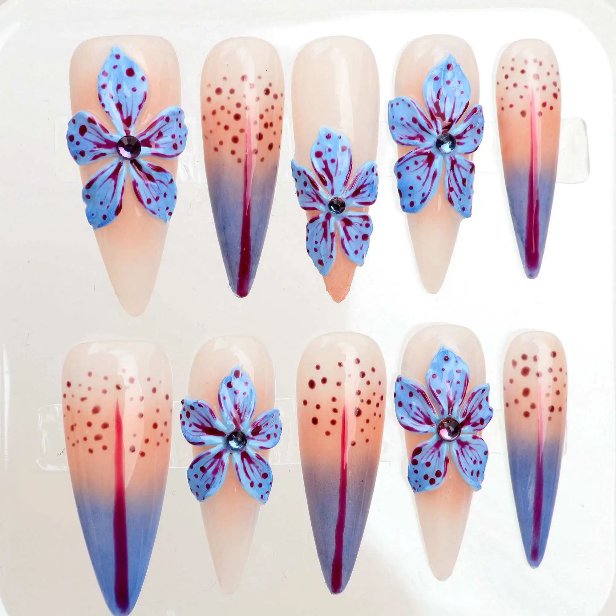

10Pcs 3D Orchid Flower Press On Nails,handmade nails,FreeStyle Nail Set,False Nails,y2k Acrylic Fake Holiday Nails Floral Nails