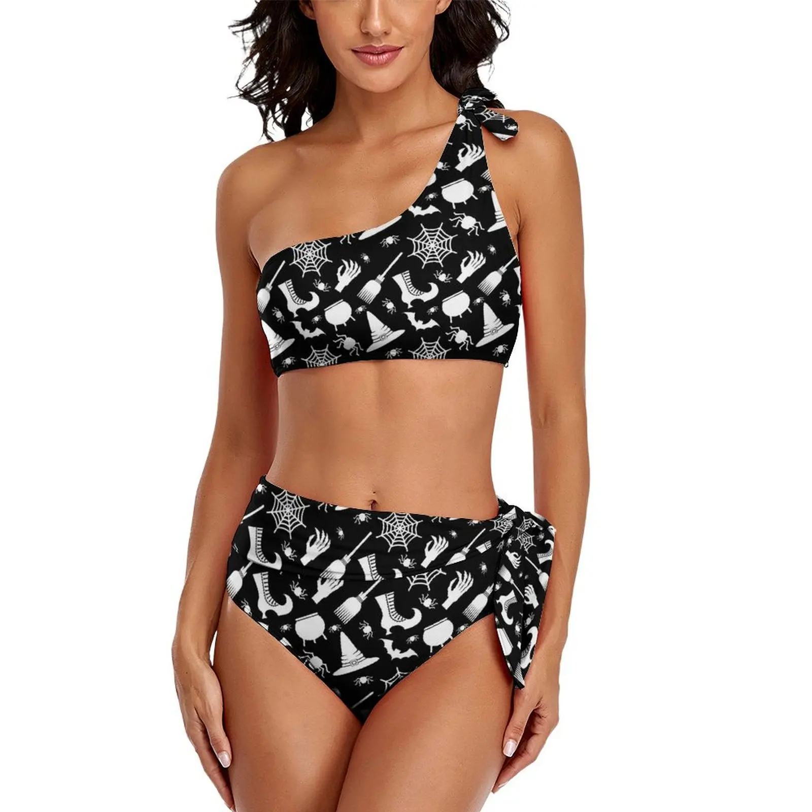 

Sexy Spooky Halloween Bikini Swimsuit Witchcraft Black and White Swimwear High Waist Stylish Bikini Set Push Up Beachwear