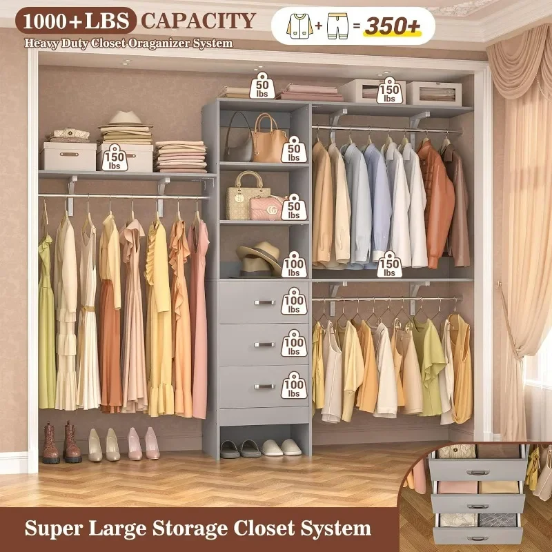 8FT Closet System, 96'' Closet Organizer System with 3 Hanging Rods, Wall Mount Bedroom Wardrobe, Adjustable Cloth Garment Rack