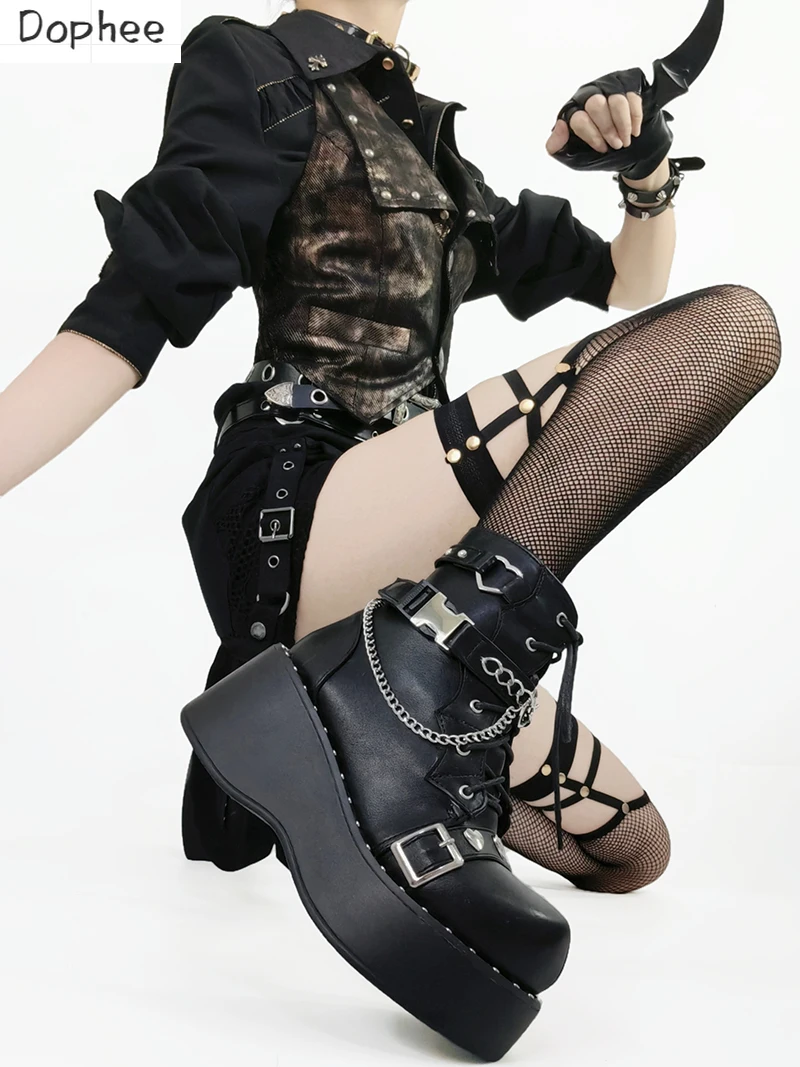 

Dophee Original Punk Styles Platform Short Boots All-match Round Toe Thick Soled Shoes Metal Chain Y2k Spice Girls Boots