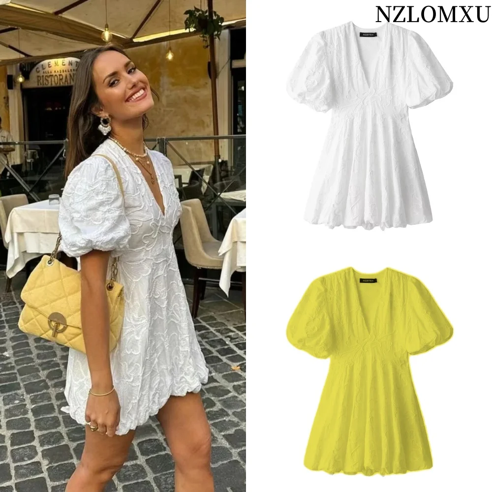 

Embroidery White Dresses Women Short Sleeve Puff Mini Dress Woman Summer Elegant Party Dresses Fashion V Neck Short Dresses
