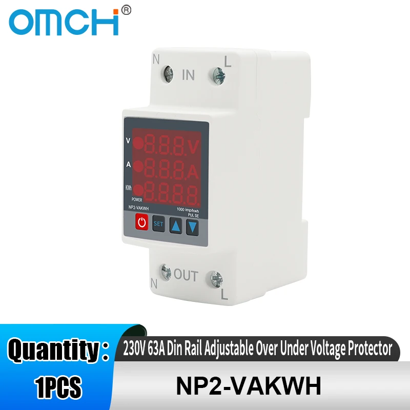 

OMCH 1PCS 230V 63A Din Rail Adjustable Over Under Voltage Protector Relay Over Current Limit Wattmeter KWH Energy Meter