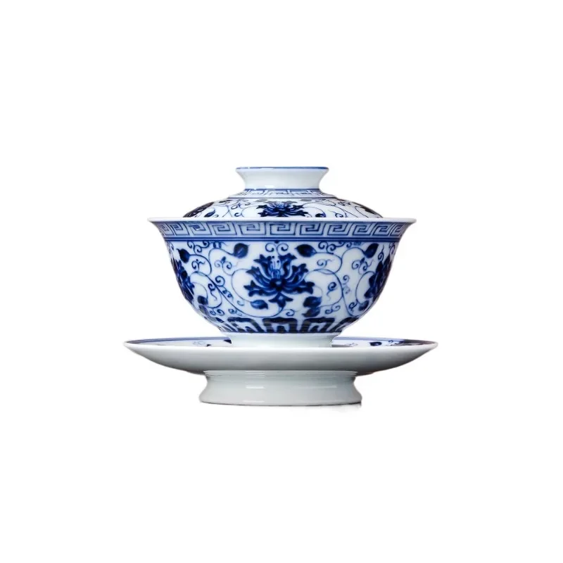 Ceramic hand-painted blue and white underglaze color three-way cover, high-end gift for making tea bowls
