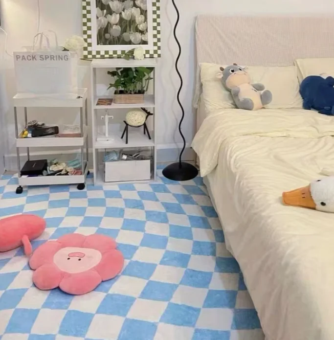 Bedroom Decorative Plaid Rug, Cute Twisted Checkerboard Living Room Rug, Fluffy Soft Plush Rug Vintage Washable Home Carpet