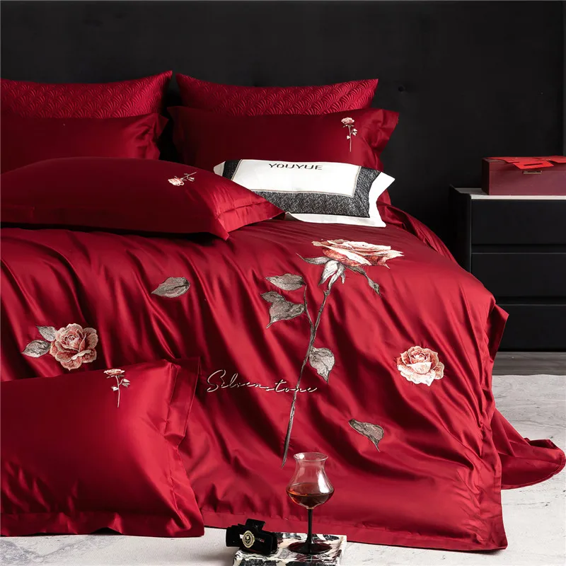

Red Solid Color 600TC Cotton Luxury Rose Embroidery Bedding Set Duvet Cover Set Flat/Fitted Bed Sheet Pillowcases