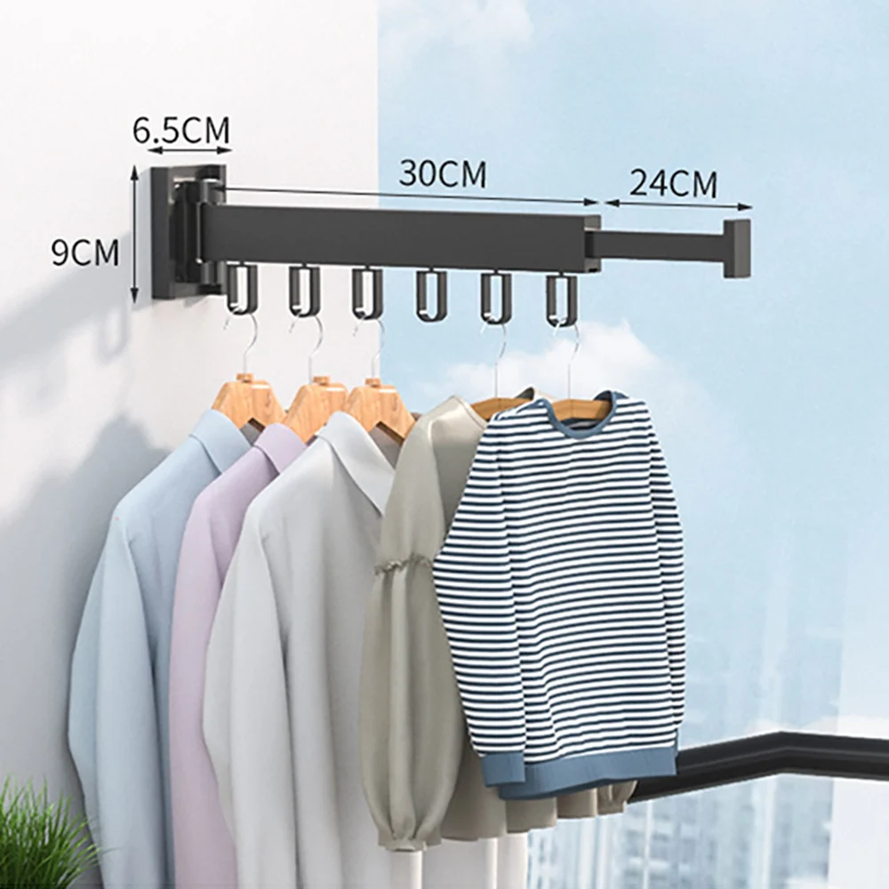 Folding Clothes Hanger Wall Mount Retractable Cloth Drying Rack Aluminum Laundry Clothesline Space Saving Drying Black C