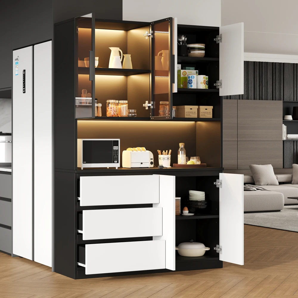 Mobile da Cucina con Illuminazione LED, Credenza Multifunzionale con 3 Cassetti, 6 Ante e Ripiani Aperti per Stoviglie e Microonde, 120.5x40x180CM, Ne