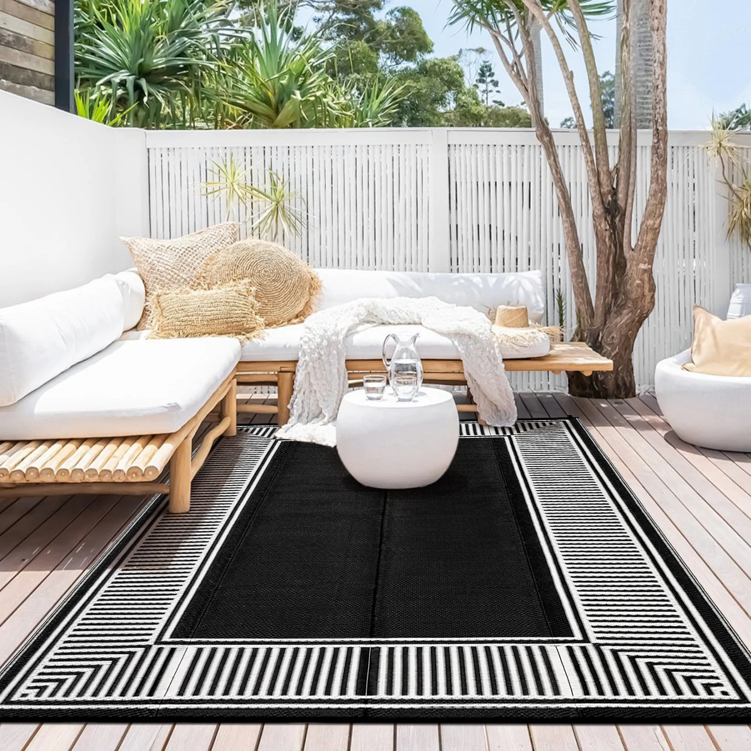 

Двусторонний уличный коврик - Моющийся пластиковый геометрический коврик - Переносной коврик для кемпинга и автодомов с сумкой для переноски и колышками для патио и веранды