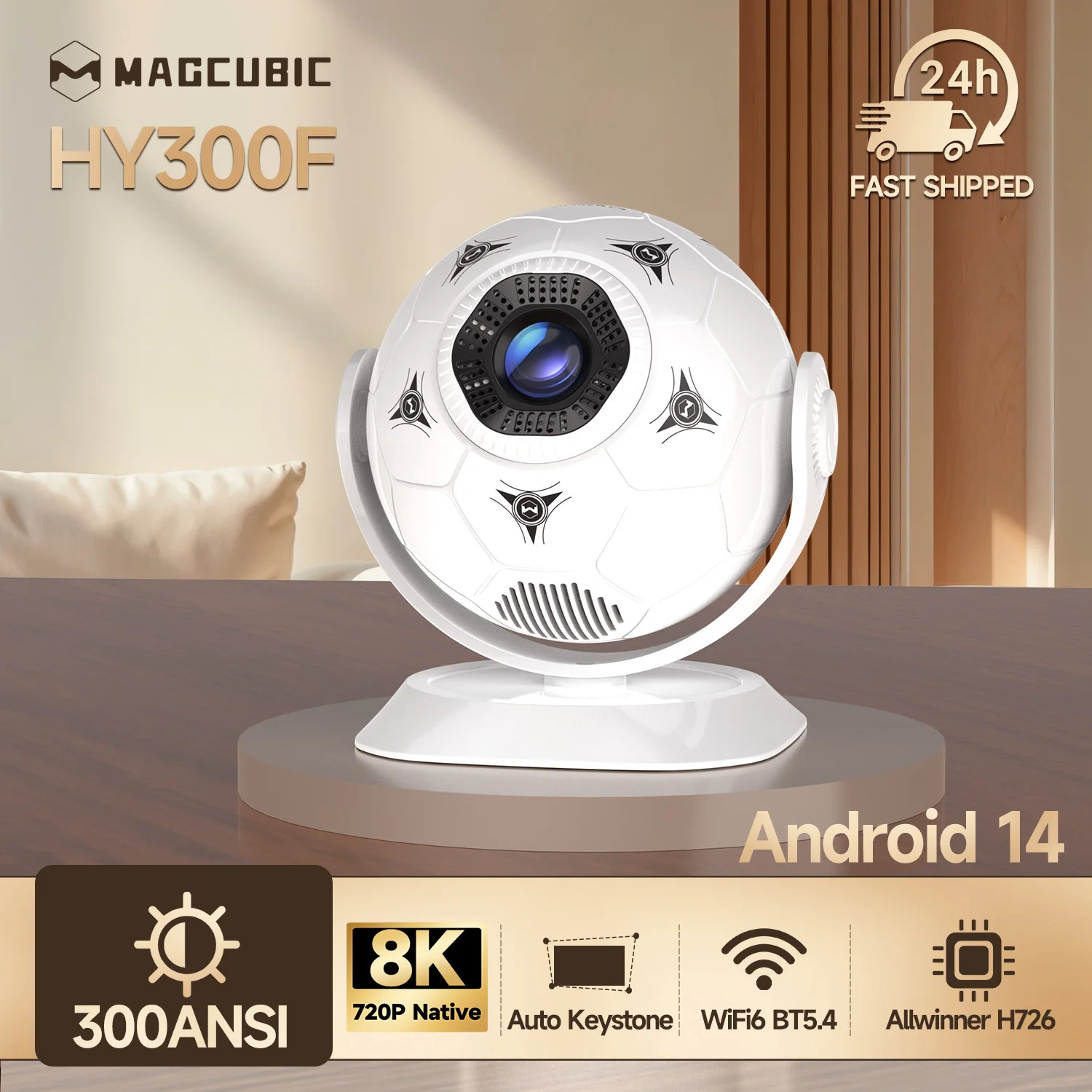 Проектор Magcubic HY300F 8K, 300 ANSI люмен, домашний LED-проектор на Android 14 с Wi-Fi 6 и BT 5.4, футбольный дизайн для домашнего кинотеатра и улицы