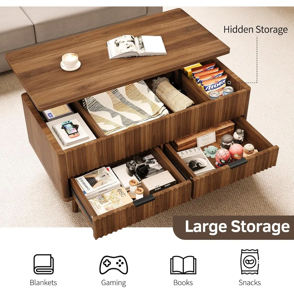 Lift Top Coffee Table with Storage - Fluted Wood Coffee Tables for Living Room with Drawers & Hidden Compartment, Mid Century Mo