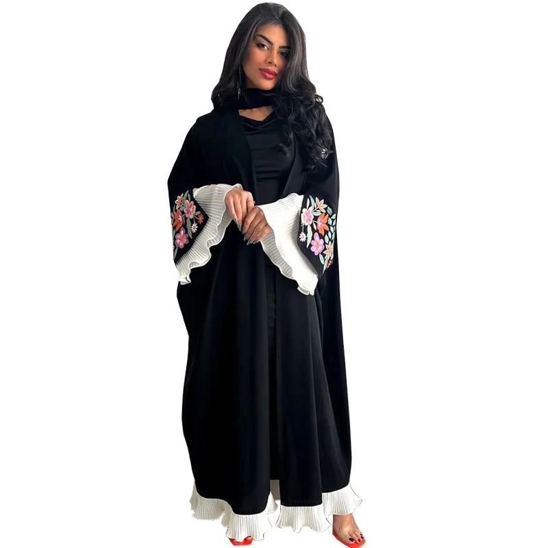 Nuovi arrivi Dubai Abaya abito nero caftano ricamo floreale pieghettato maniche lunghe maxi cardigan kimono per donna